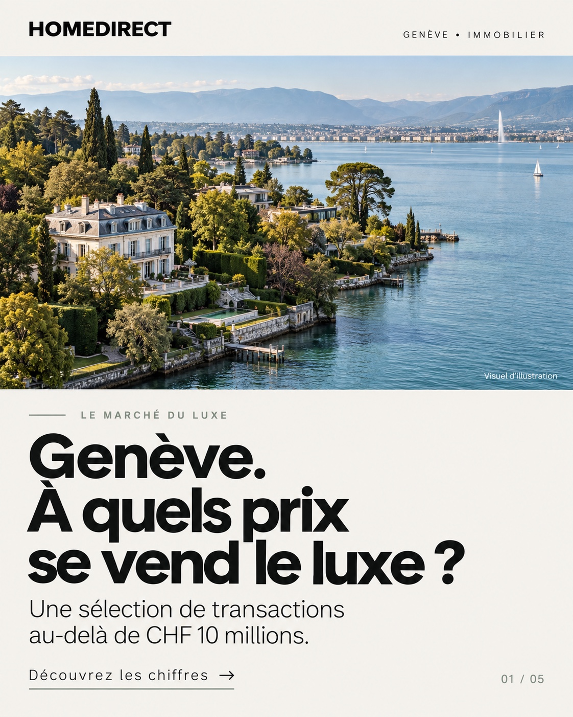 Vue d’illustration de propriétés au bord du Léman, face à Genève